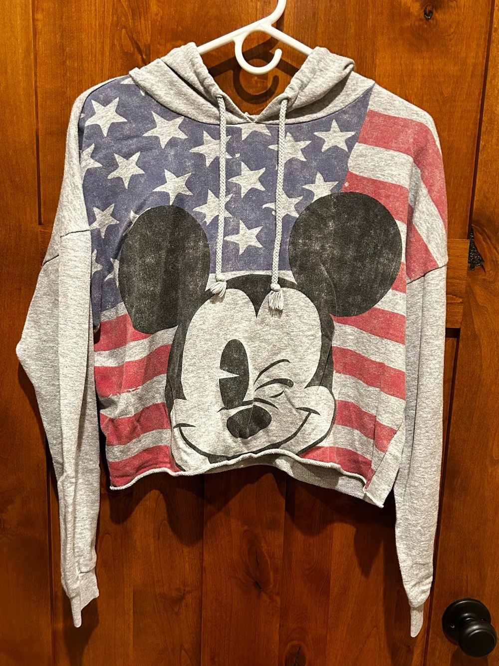 Gray Mickey Mouse American Flag Cropped Hoodie Sweatshirt